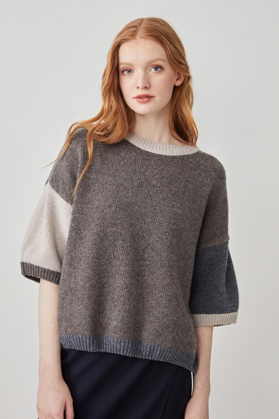 Femme Harris Wilson | Pull Madeline Gris 100% Laine Merinos Color Block Taupe